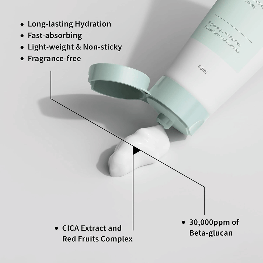Nærbillede af iUNIK Beta-Glucan Daily Moisture Cream hvor cremen presses ud af tuben. Billedet fremhæver produktets lette konsistens og vigtige egenskaber såsom langvarig fugtning, hurtig absorption, en ikke-klæbrig følelse, parfumefri formel, beta-glucan samt beroligende ingredienser som CICA-ekstrakt.