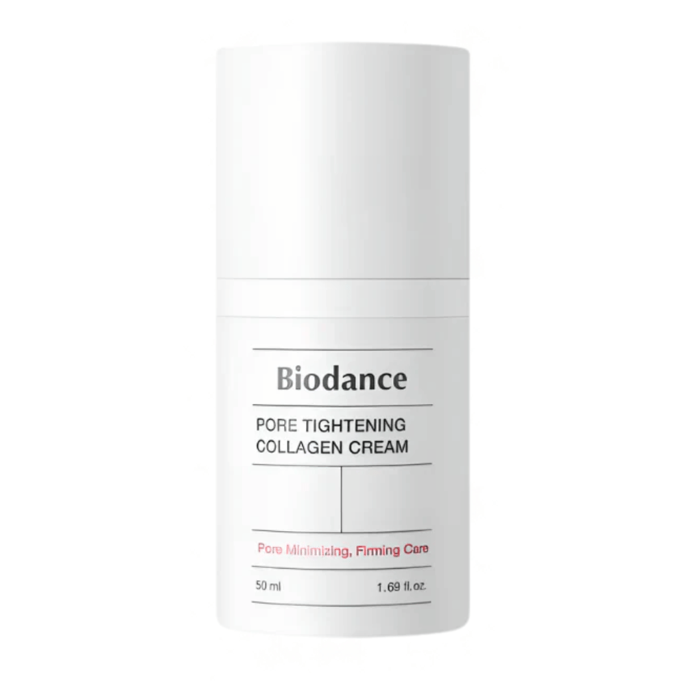 Biodance Pore Tightening Collagen Cream i enkel hvid emballage med minimalistisk design, 50 ml.