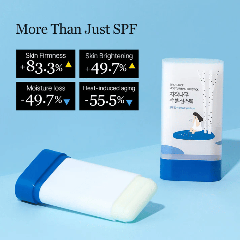ROUND LAB Birch Juice Sun Stick med SPF50+ vises med resultater om forbedret hudelasticitet og reduceret fugttab