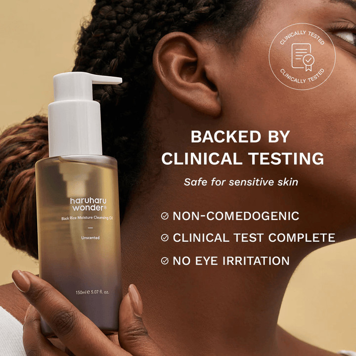 Haruharu Wonder Black Rice Moisture Cleansing Oil 150 ml – klinisk testet olierens til sensitiv hud, ikke-komedogen og uden øjenirritation.