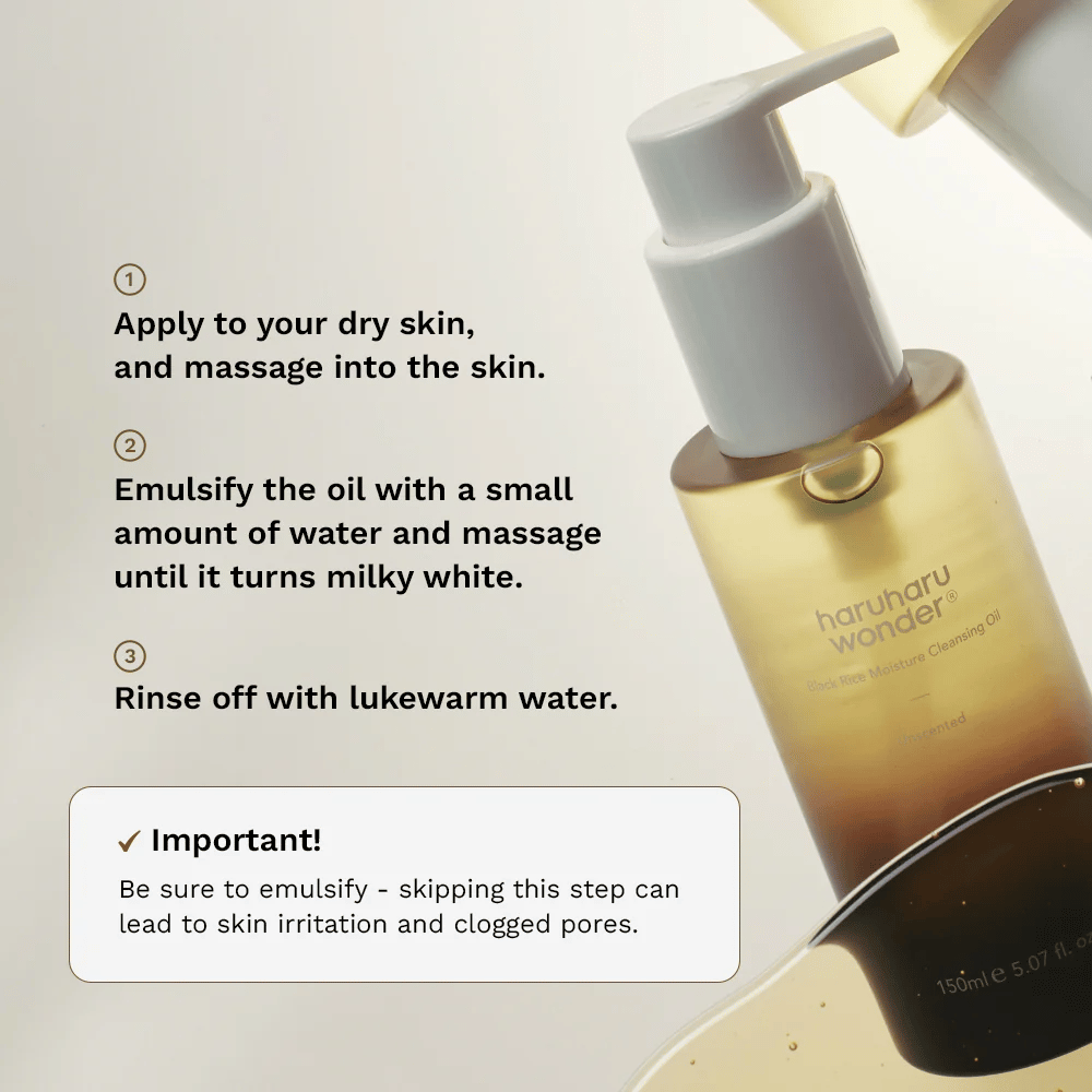 Haruharu Wonder Black Rice Moisture Cleansing Oil anvendelsesvejledning – olierens, der masseres på tør hud, emulgeres med vand og skylles af for effektiv makeupfjerning.