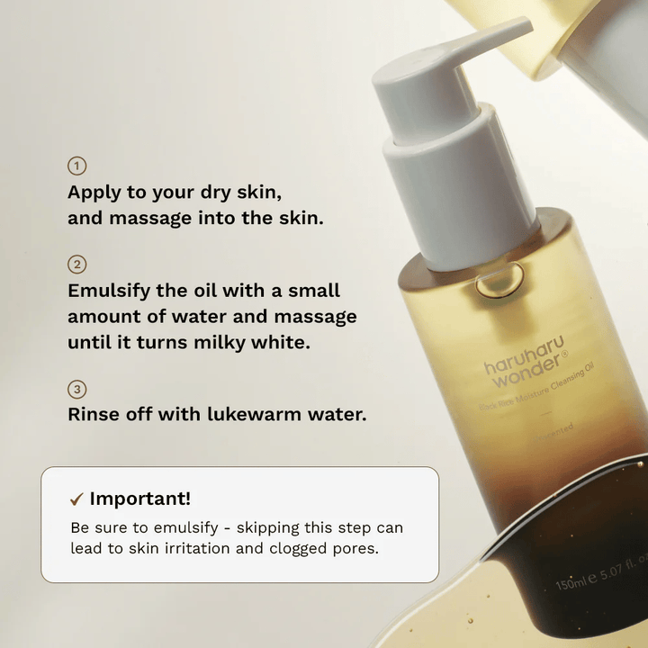 Haruharu Wonder Black Rice Moisture Cleansing Oil anvendelsesvejledning – olierens, der masseres på tør hud, emulgeres med vand og skylles af for effektiv makeupfjerning.