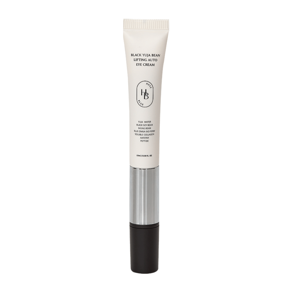 Produktbillede af HEVE BLUE Black Yuja Bean Lifting Auto Eye Cream – et rør med hvid top, sølv midte og sort applikator. Teksten på emballagen angiver ingredienser som yuja water og black soy bean.