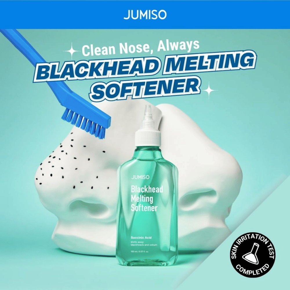 JUMISO Blackhead Melting Softener med børste mod hvid model af næse. Tekst: ”Clean Nose, Always”. Klinisk testet for hudirritation.