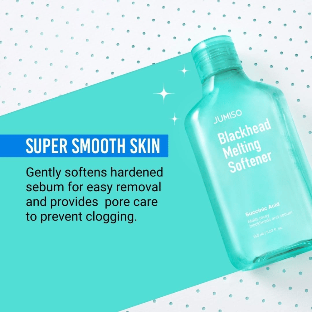 JUMISO Blackhead Melting Softener vises på turkis baggrund. Tekst fremhæver, at produktet blødgør sebum og forebygger tilstoppede porer.