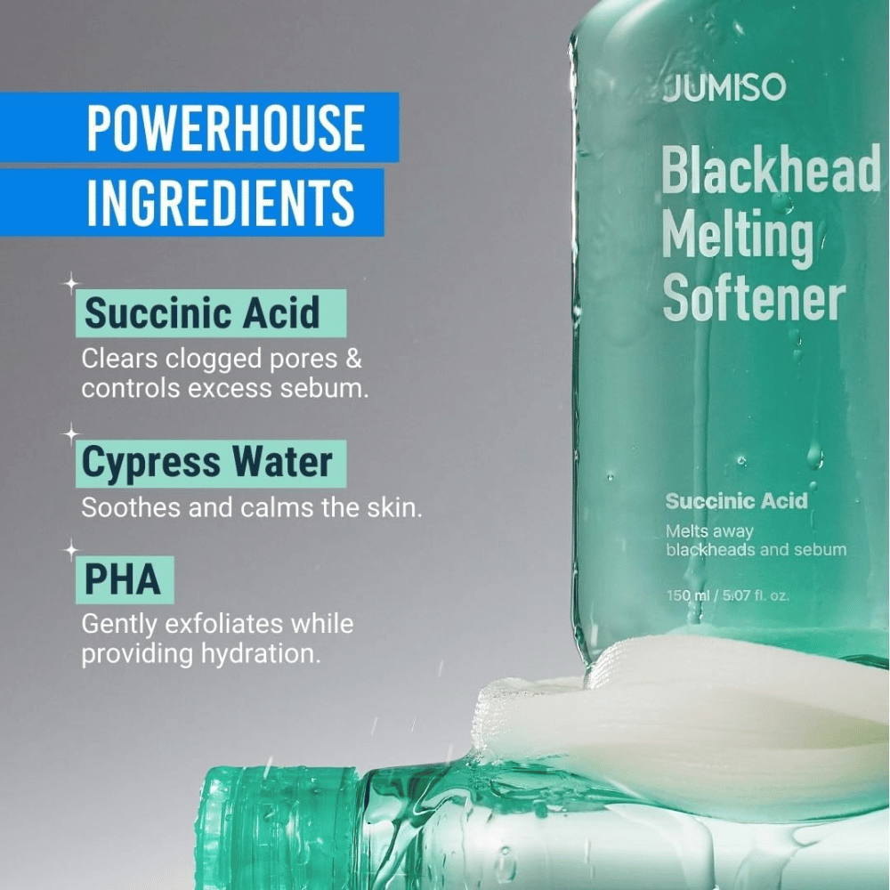 Nærbillede af JUMISO Blackhead Melting Softener-flaske. Tekst viser nøgleingredienser: succinic acid, cypress water og PHA til porerensning.