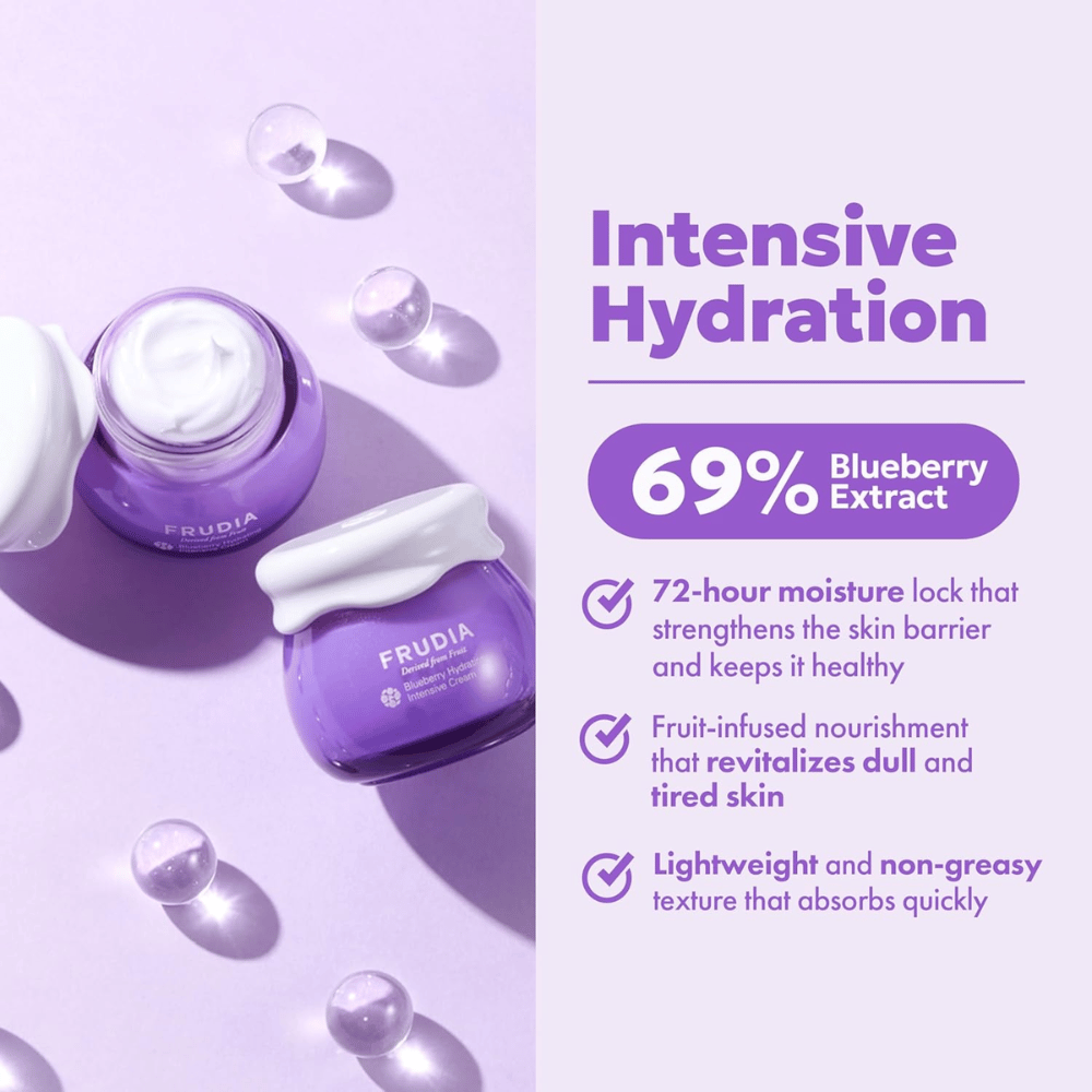 FRUDIA Blueberry Hydrating Intensive Cream med intensiv fugtgivning, 69 % blåbærekstrakt og cremet konsistens til tør og fugtfattig hud