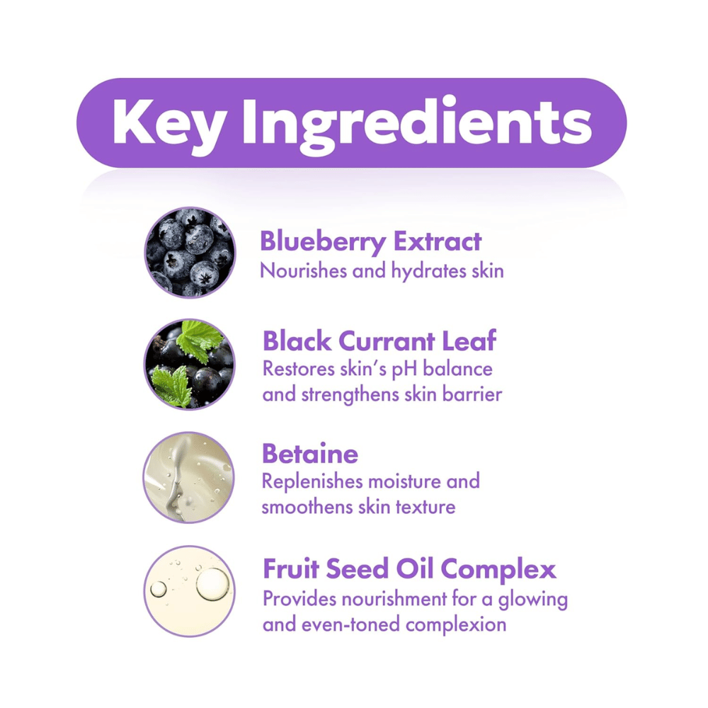 Nøgleingredienser i FRUDIA Blueberry Hydrating Intensive Cream med blåbærekstrakt, solbærblade, betaine og frugtfrøoliekompleks