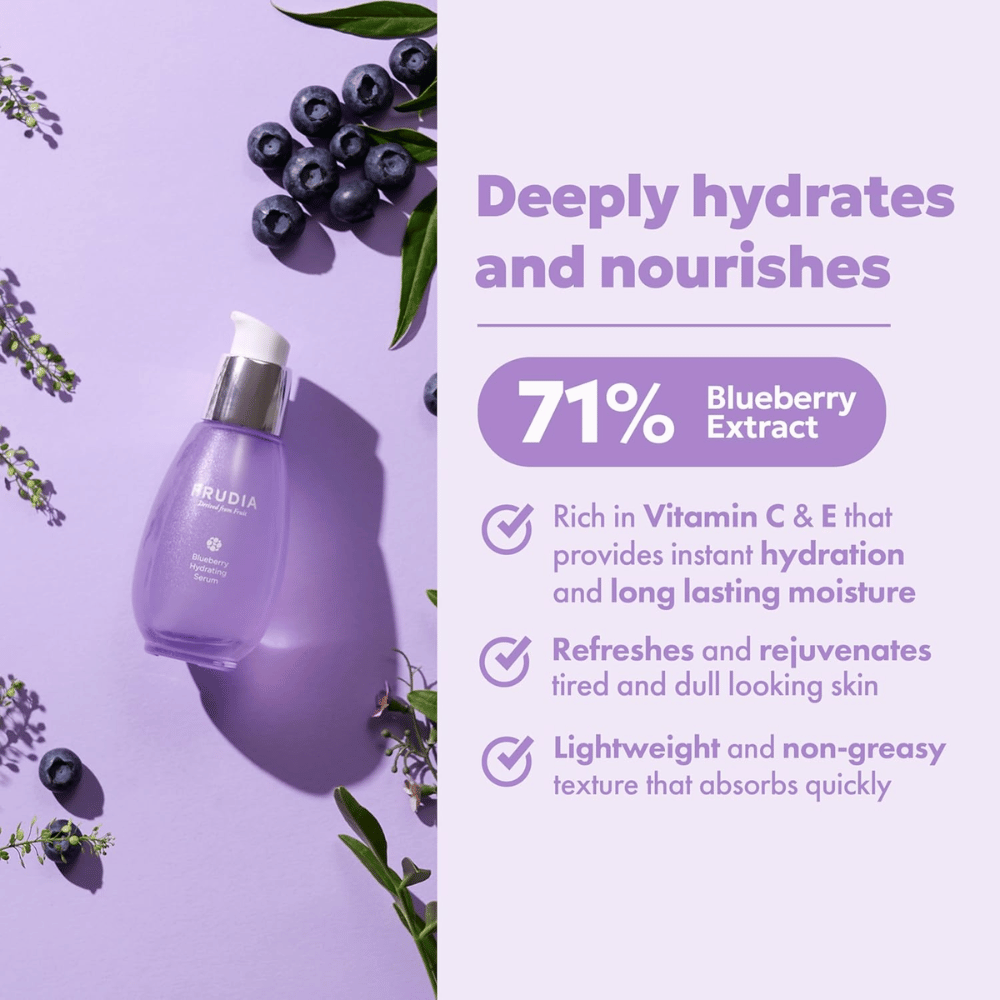 FRUDIA Blueberry Hydrating Serum med 71 % blåbærekstrakt, der giver intens fugt, langvarig fugt, let konsistens og frisk glød til tør hud.