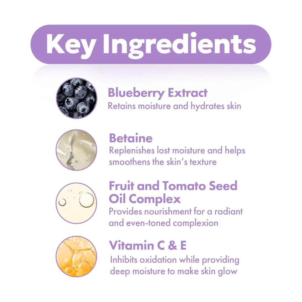 Nøgleingredienser i FRUDIA Blueberry Hydrating Serum med blåbærekstrakt, betain, frøoliekompleks samt vitamin C og E for fugtet og strålende hud.