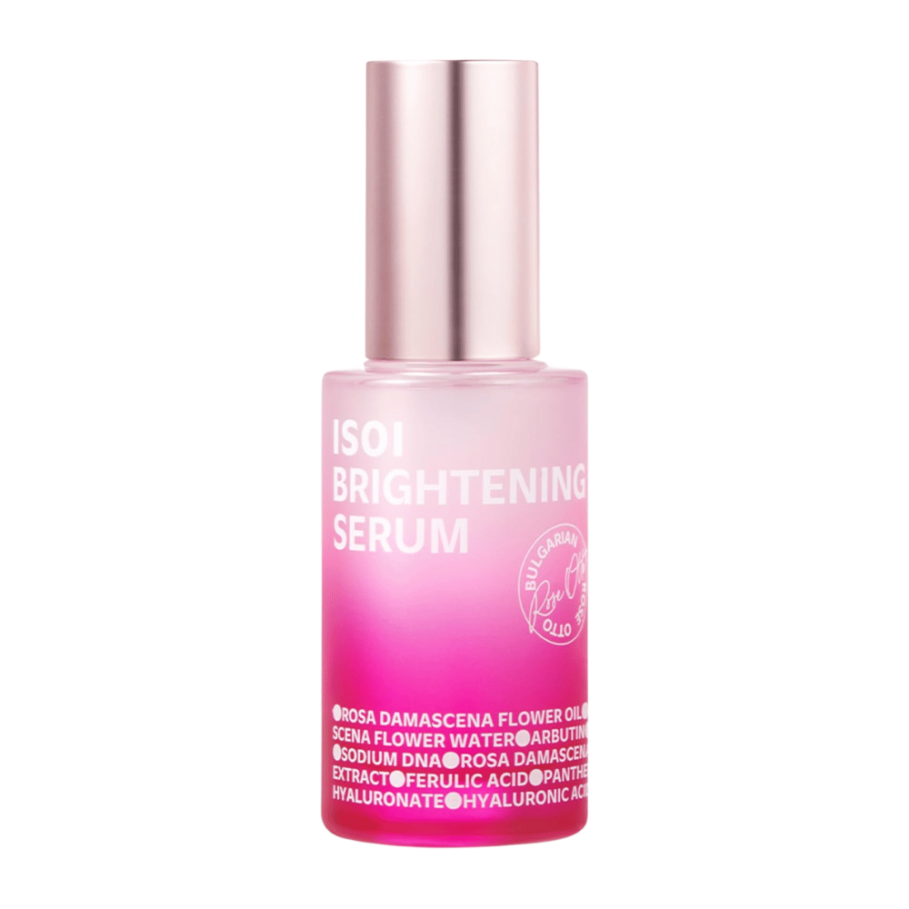 ISOI Brightening Serum 35 ml, glansgivende ansigtsserum med Rose PDRN og arbutin i en rosa glasflaske med metallisk rosa låg mod hvid baggrund.