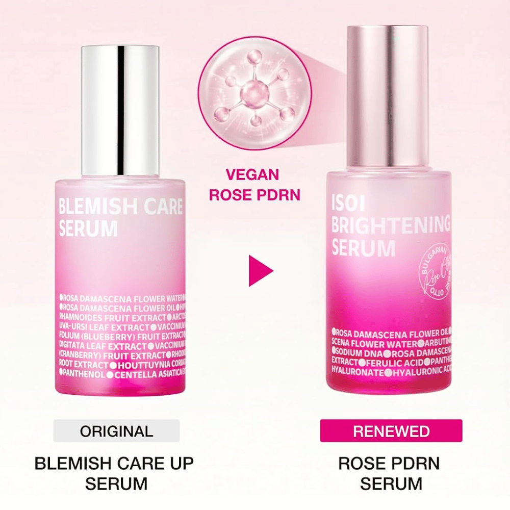 ISOI Brightening Serum med vegansk Rose PDRN. Sammenligning mellem originalen Blemish Care Up Serum og den opdaterede rosa serumflaske.
