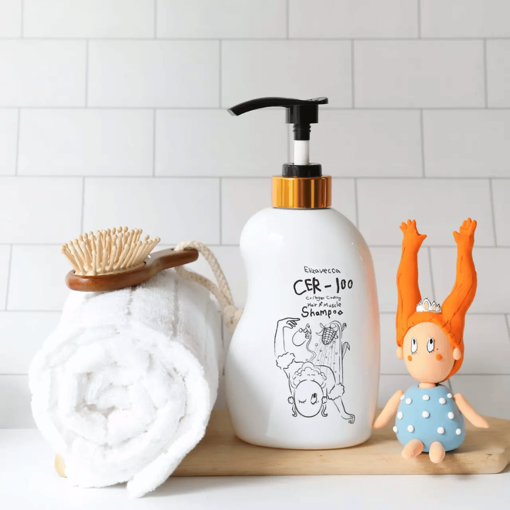 Elizavecca CER-100 Collagen Coating Hair A+ Muscle Shampoo – styrkende kollagen shampoo til tørt og beskadiget hår i badeværelsesmiljø