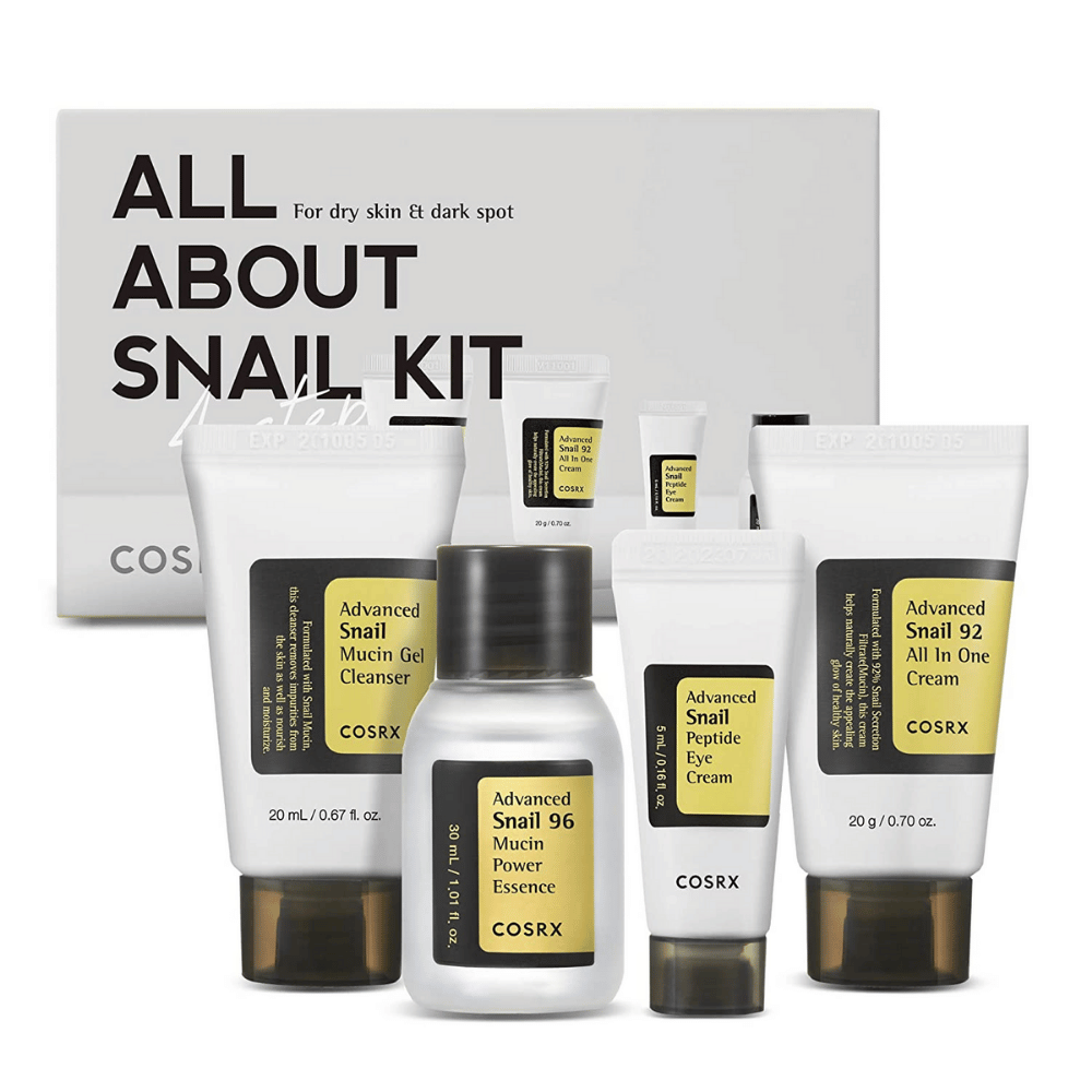 COSRX All About Snail Kit – koreansk hudplejeboks med Snail Mucin Cleanser, Essence, Eye Cream og All In One Cream til fugt og reparation.
