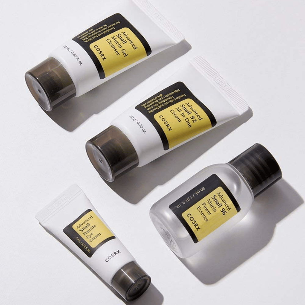 COSRX All About Snail Kit – rejsepakker med Snail Gel Cleanser, Snail 92 All In One Cream, Snail 96 Mucin Essence og Snail Peptide Eye Cream