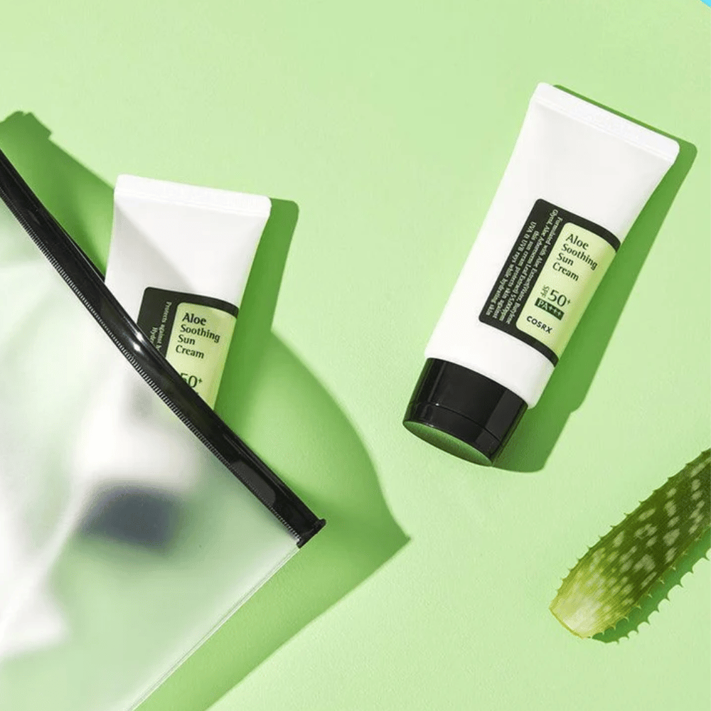 COSRX Aloe Soothing Sun Cream SPF50+ PA+++ – fugtgivende solcreme med aloe vera til daglig UV-beskyttelse, vist med rejsestørrelse
