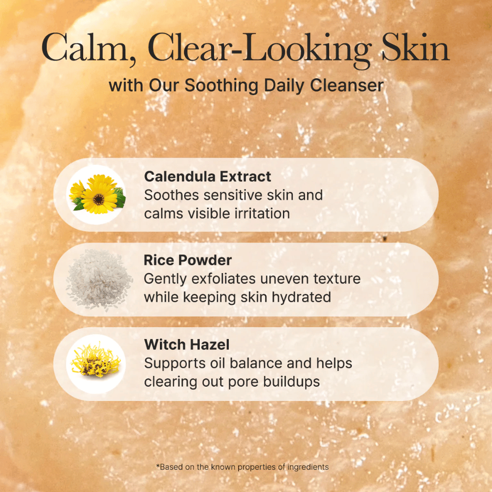 Arencia Calendula Rice Mochi Cleanser med ingredienser som morgenfrue, rispulver og troldnød – beroliger, eksfolierer og afbalancerer huden.