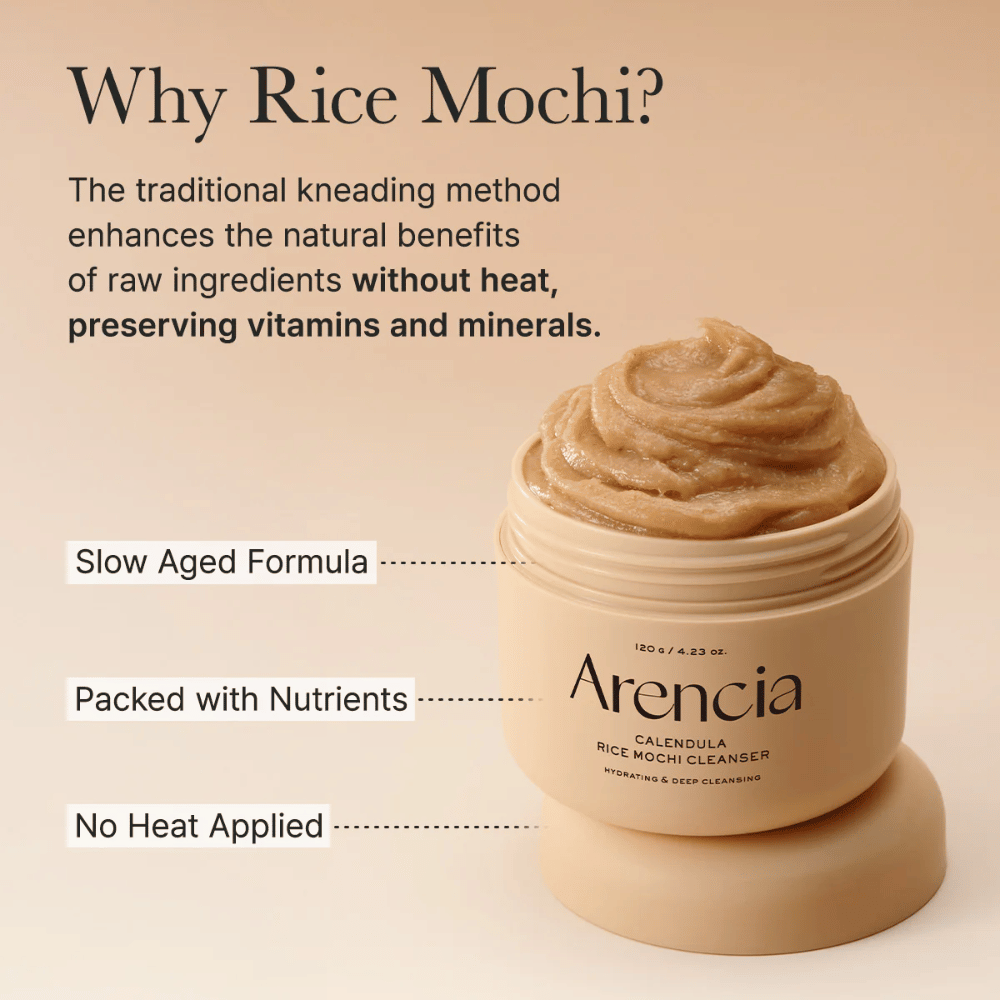 Arencia Calendula Rice Mochi Cleanser med beskrivelse af dens koldpressede formel, der bevarer vitaminer og mineraler til nærende hudpleje.