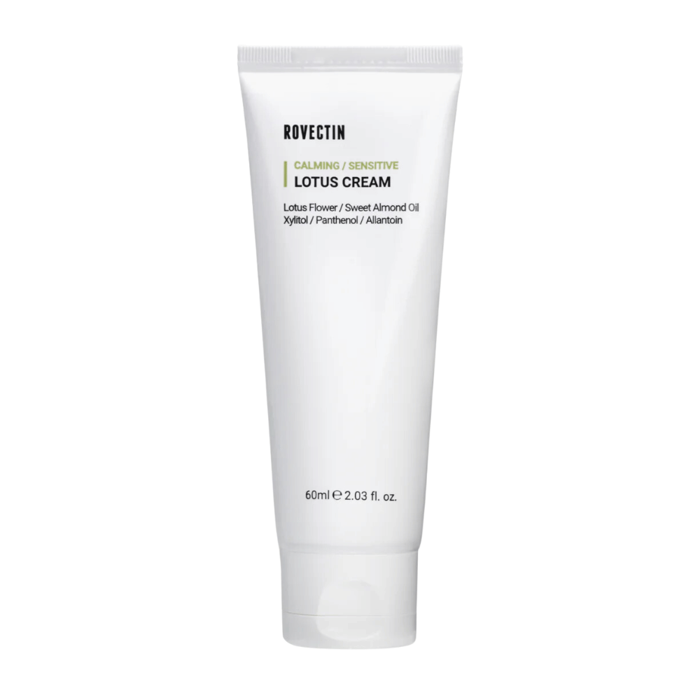 Tube med Rovectin Calming Sensitive Lotus Cream, beroligende creme til følsom hud.