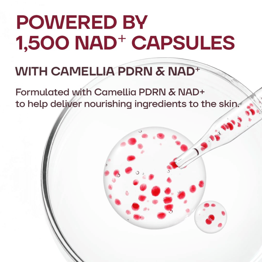 3. MISSHA Camellia PDRN NAD+ Firming Repair Serum – nærbillede af serumets gennemsigtige konsistens med 1500 røde NAD+ kapsler