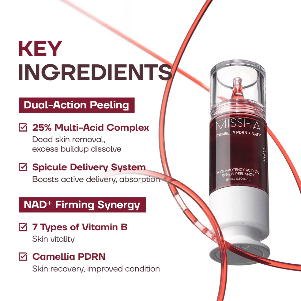 2. MISSHA Camellia PDRN NAD+ High-Potency Acid 25 Renew Peel Shot – peeling med 25 % syrekompleks, PDRN og NAD+