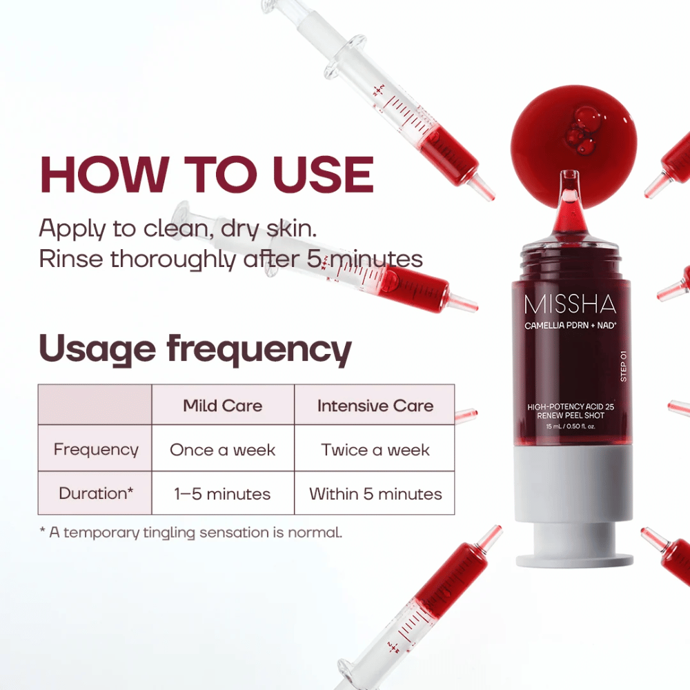 1. MISSHA Camellia PDRN NAD+ High-Potency Acid 25 Renew Peel Shot – brugsanvisning og anbefalet eksfolieringsfrekvens