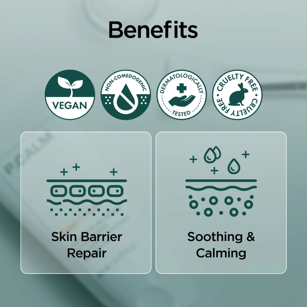 Grafisk oversigtsbillede, der fremhæver produktets fordele såsom vegansk formel, non-comedogenic, dermatologisk testet og cruelty-free. Fokus er på reparation af hudbarrieren samt en beroligende effekt til sensitiv hud.