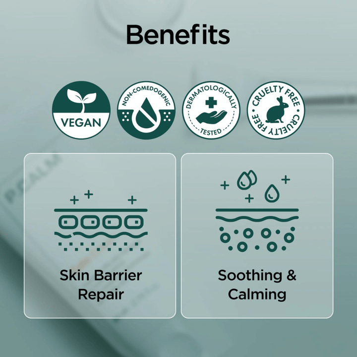 Grafisk oversigtsbillede, der fremhæver produktets fordele såsom vegansk formel, non-comedogenic, dermatologisk testet og cruelty-free. Fokus er på reparation af hudbarrieren samt en beroligende effekt til sensitiv hud.