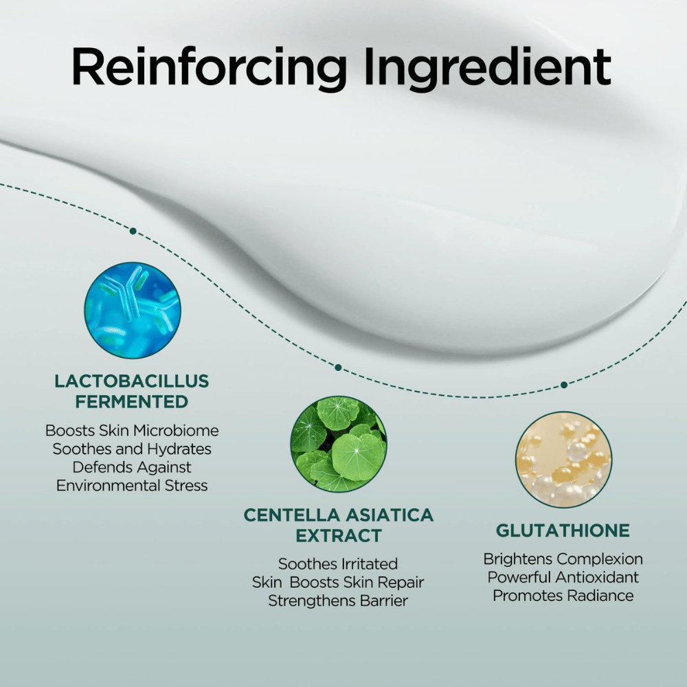 Informationsbillede om nøgleingredienser i P.CALM Cato Cream, inklusive Lactobacillus Ferment, Centella Asiatica-ekstrakt og Glutathione. Fokus er på beroligende, fugtgivende og barriereforstærkende egenskaber.