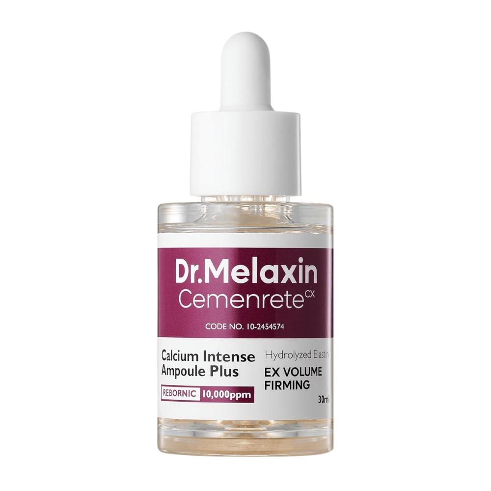 Produktbillede af Dr. Melaxin Cemenrete Calcium Intense Ampoule Plus i glasflaske med pipette, en koreansk anti-aging ampul, der styrker hudens struktur og spændstighed.