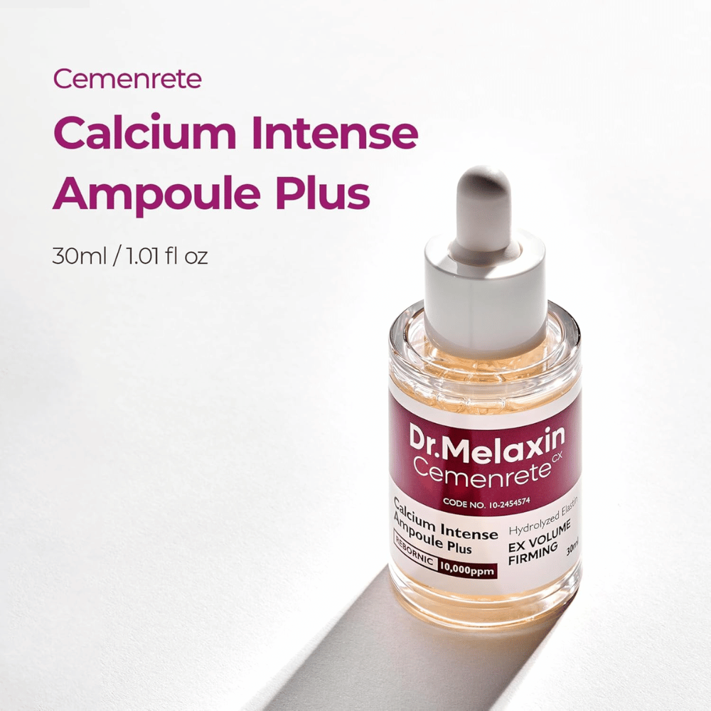 Dr. Melaxin Cemenrete Calcium Intense Ampoule Plus 30 ml, en intensiv ampul for fasthed og volumen med hydrolyseret elastin og REBORNIC-kompleks.