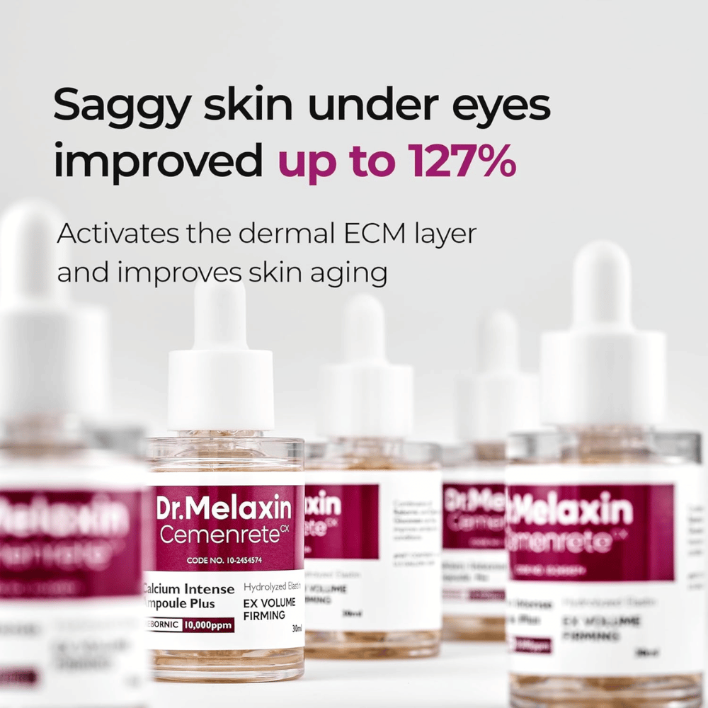 Dr. Melaxin Cemenrete Calcium Intense Ampoule Plus vises med fokus på forbedring af slap hud under øjnene, som aktiverer hudens ECM-lag og understøtter anti-aging.