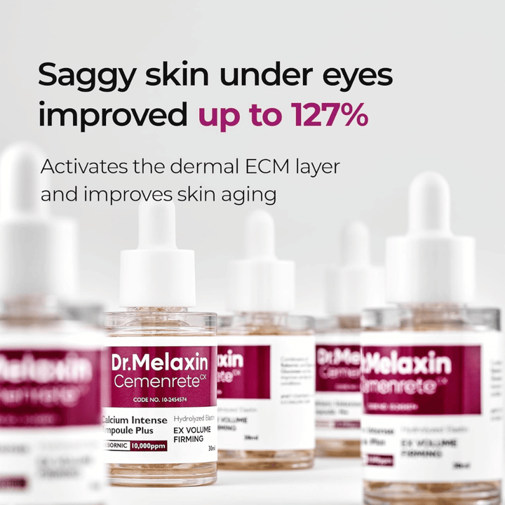 Dr. Melaxin Cemenrete Calcium Intense Ampoule Plus vises med fokus på forbedring af slap hud under øjnene, som aktiverer hudens ECM-lag og understøtter anti-aging.