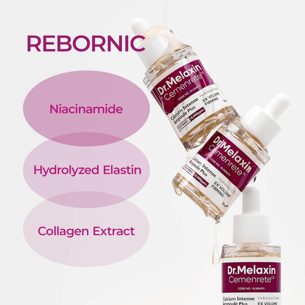 Dr. Melaxin Cemenrete Calcium Intense Ampoule Plus med niacinamid, hydrolyseret elastin og kollagenekstrakt, udviklet til fastere hud og forbedret elasticitet.