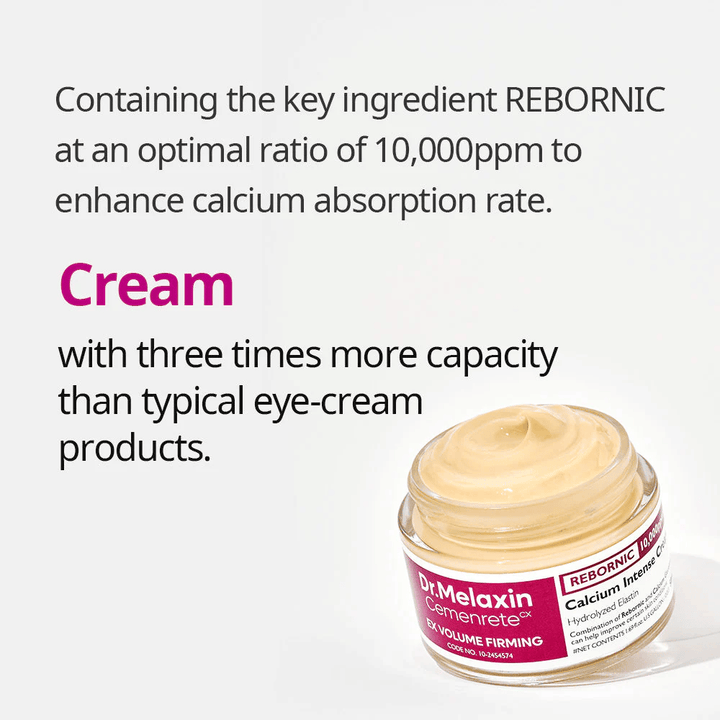 Dr.Melaxin Cemenrete Calcium Intense Cream med informationsgrafik om Rebornic 10 000 ppm, ansigtscreme der forbedrer calciumabsorption og hudens elasticitet.