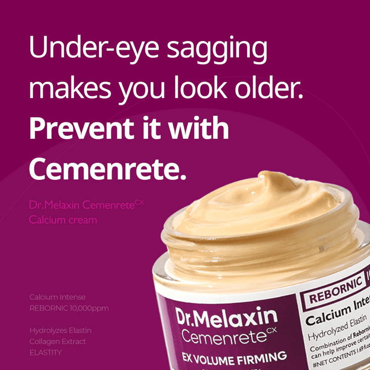 Dr.Melaxin Cemenrete Calcium Intense Cream med tekstbudskab om opstramning under øjnene, illustrerer cremens fokus på fasthed, volumen og forebyggelse af slap hud.