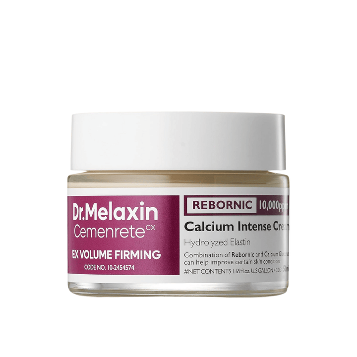 Dr.Melaxin Cemenrete Calcium Intense Cream i krukke mod hvid baggrund, ansigtscreme med calcium, Rebornic og hydrolyseret elastin for fastere og fyldigere hud.