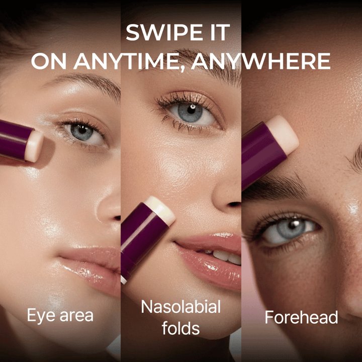 Dr. Melaxin Calcium Volume Multi Balm påføres på øjenområde, nasolabialfold og pande for opstrammende og volumengivende effekt.