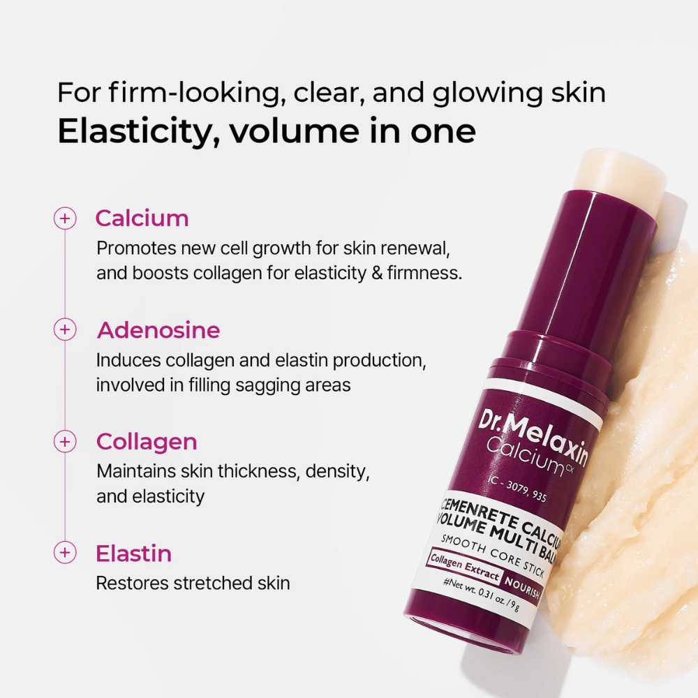 Dr. Melaxin Cemenrete Calcium Volume Multi Balm med calcium, adenosin, kollagen og elastin for øget elasticitet, fastere hud og forbedret hudstruktur.