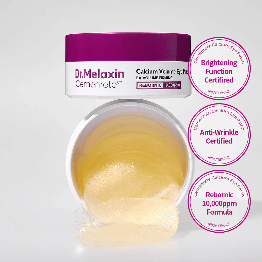 Åben krukke med hydrogel-øjenplastre fra Dr. Melaxin Cemenrete Calcium Volume Eye Patch med Rebornic 10 000 ppm, certificeret for anti-rynke og lysnende effekt.