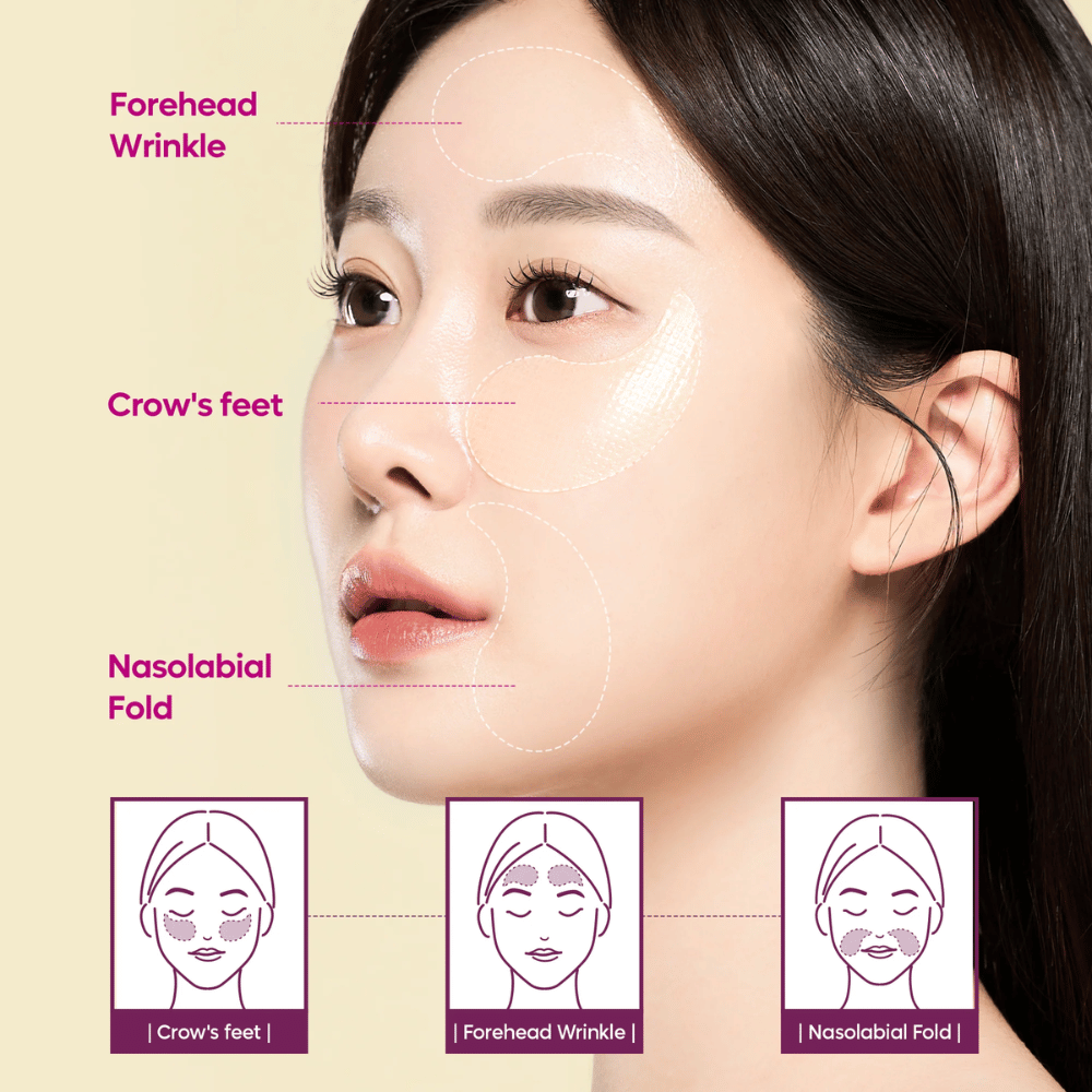 Model med øjenplastre placeret ved kragetæer, pande og nasolabiale linjer, der viser, hvordan Dr. Melaxin Cemenrete Calcium Volume Eye Patch kan anvendes til rynker og volumen-tab.