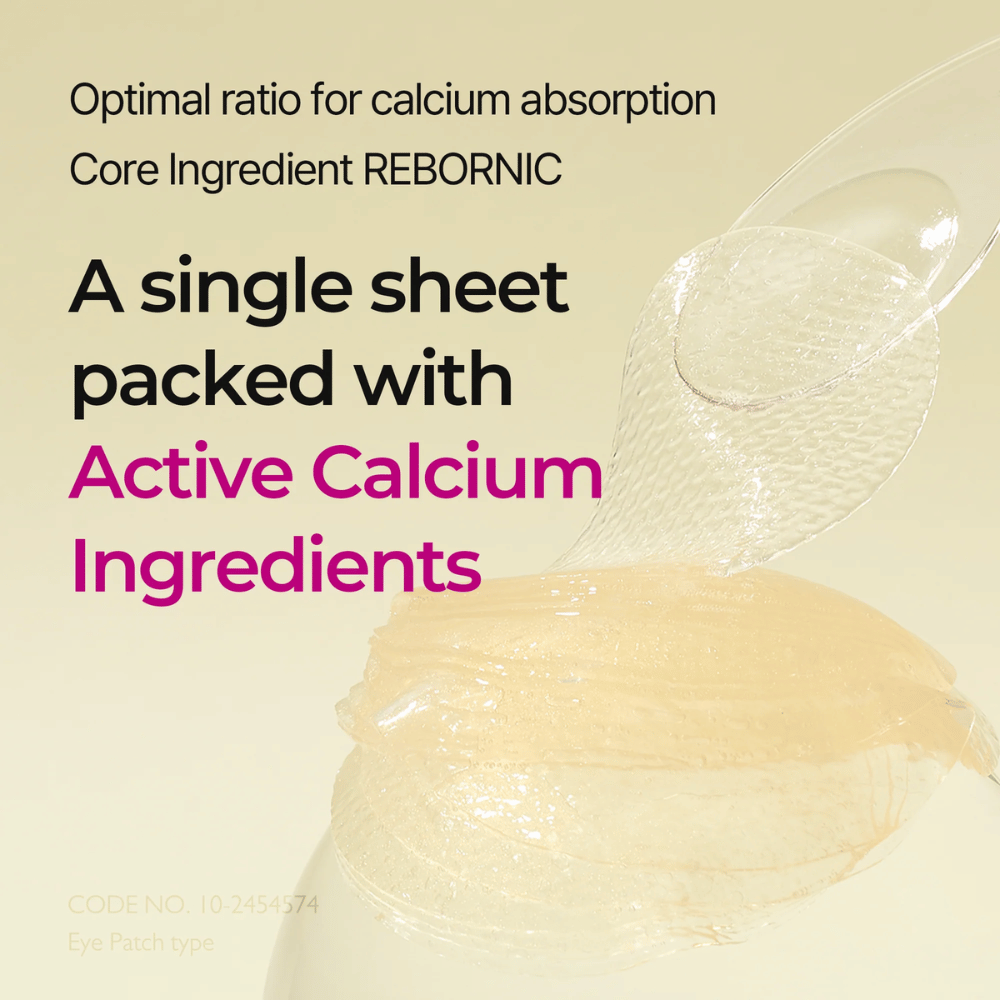 Nærbillede af hydrogel gennemvædet med aktivt calcium i Dr. Melaxin Cemenrete Calcium Volume Eye Patch, udviklet til optimal absorption og volumen-givende effekt.