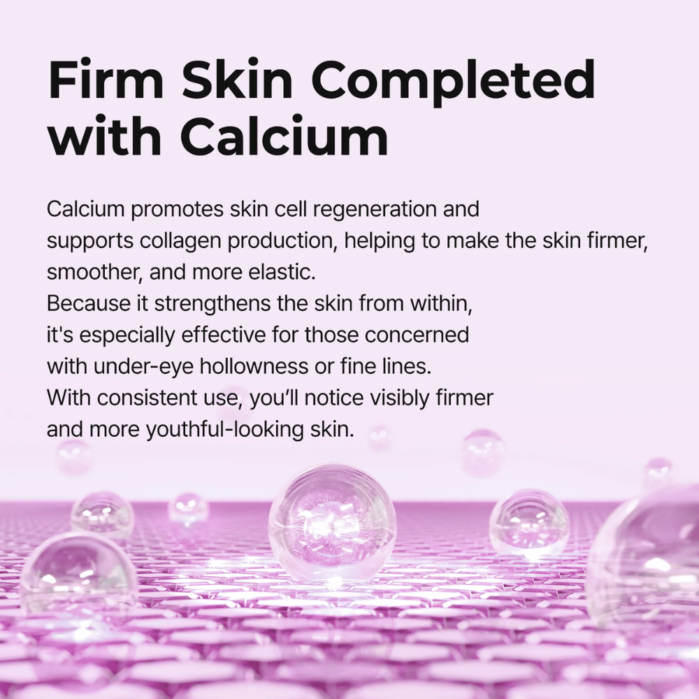 Illustration der viser, hvordan calcium styrker hudens struktur og elasticitet i Dr. Melaxin Cemenrete Calcium Volume Eye Patch for fastere, glattere og mere ungdommelig hud omkring øjnene.