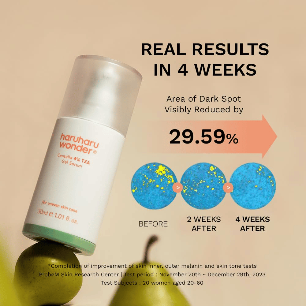 3. Haruharu Wonder Centella 4% TXA Dark Spot Go Away Serum – resultat efter fire uger med reduceret synlighed af mørke pletter