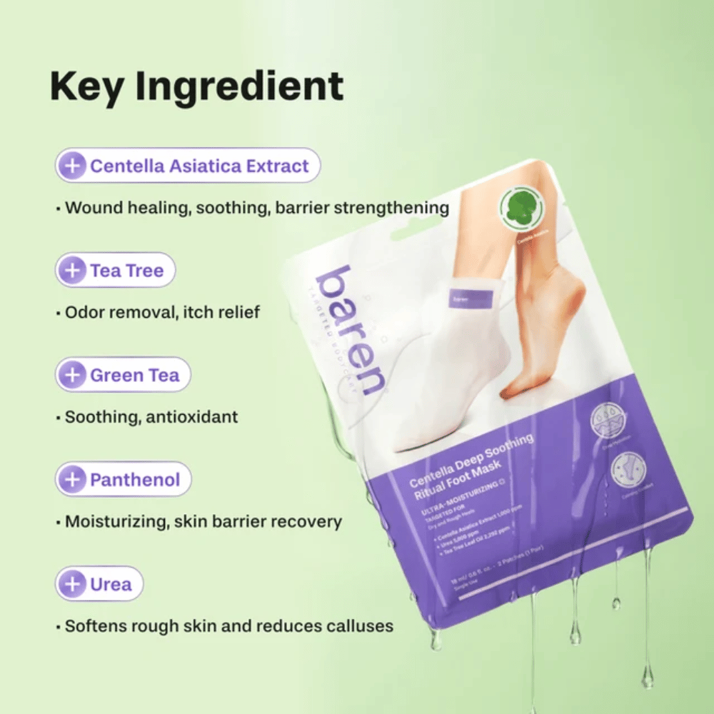 3. Baren Centella Deep Soothing Ritual Foot Mask – vigtige ingredienser som centella asiatica, tea tree, grøn te, panthenol og urea