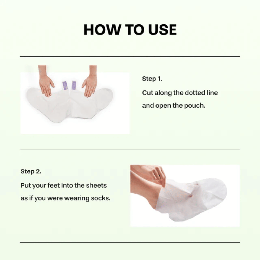 2. Baren Centella Deep Soothing Ritual Foot Mask – trin 1 og 2, der viser hvordan emballagen åbnes, og fodmaskerne tages på som sokker