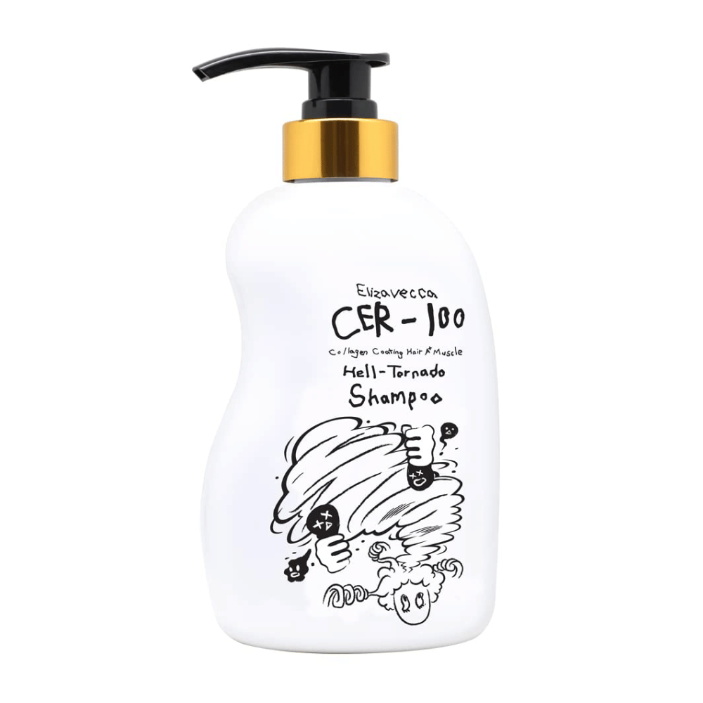 Produktbillede af Elizavecca CER-100 Collagen Coating Hair A+ Muscle Helltornado Shampoo på hvid baggrund. Emballagen vises tydeligt med pumpeflaske og den karakteristiske illustration, som kendetegner serien.