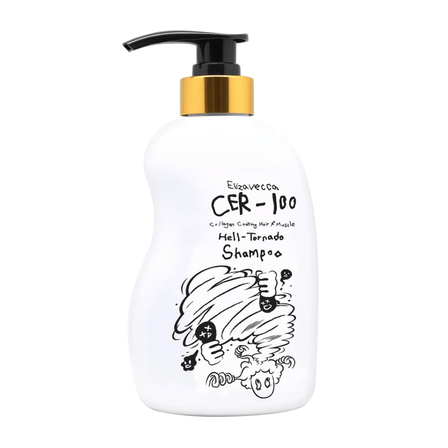 Produktbillede af Elizavecca CER-100 Collagen Coating Hair A+ Muscle Helltornado Shampoo på hvid baggrund. Emballagen vises tydeligt med pumpeflaske og den karakteristiske illustration, som kendetegner serien.
