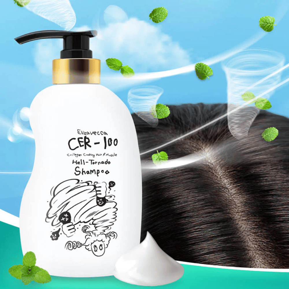 Elizavecca CER-100 Collagen Coating Hair A+ Muscle Helltornado Shampoo vises foran et nærbillede af hovedbunden. Hvirvlende vinde og mynteblade illustrerer en forfriskende, kølende følelse og fokus på hovedbundspleje.