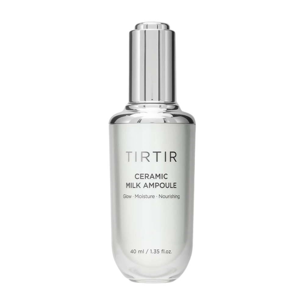 En gennemsigtig flaske TIRTIR Ceramic Milk Ampoule, mærket med "Glow - Moisture - Nourishing", på en hvid baggrund.